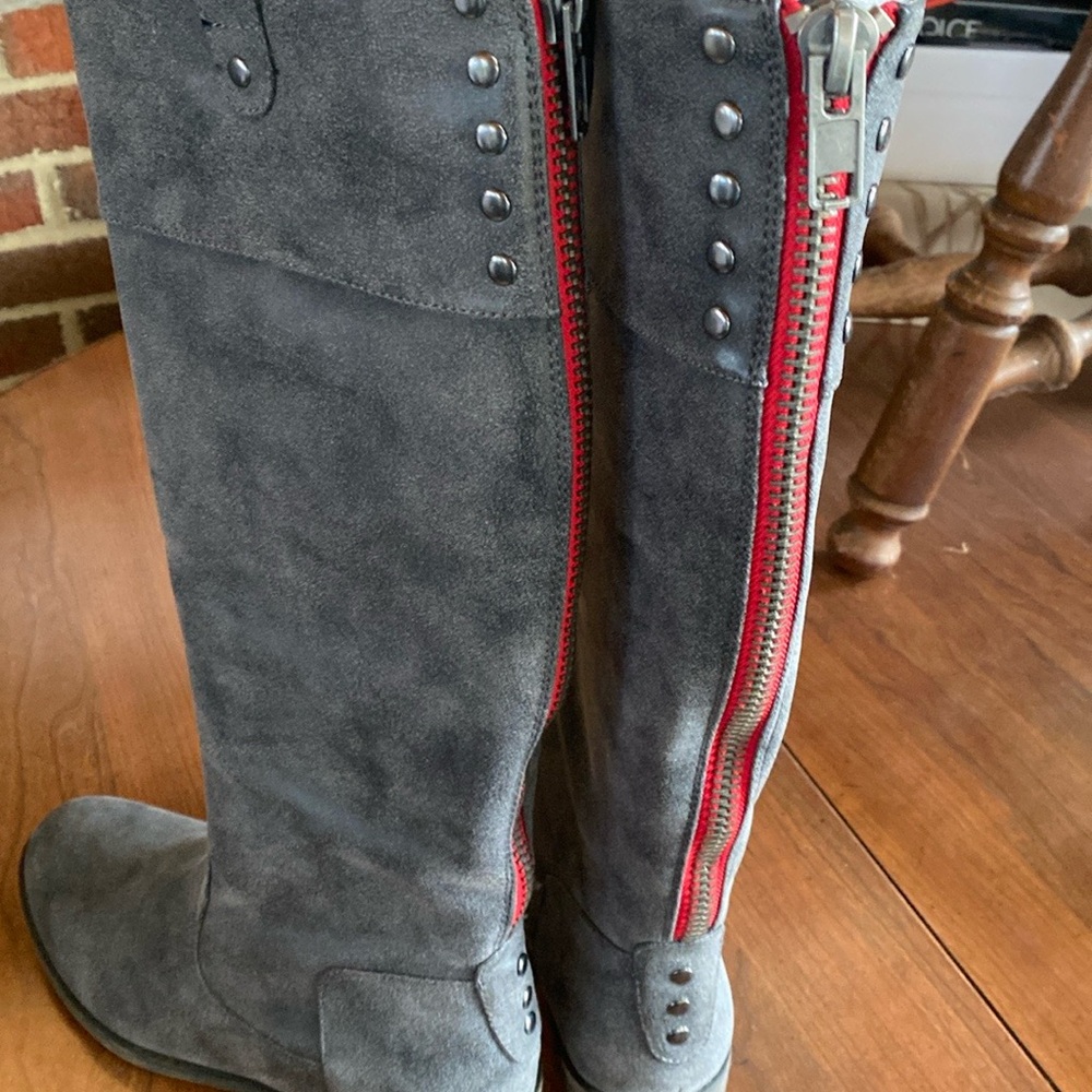 Gray knee high women's boots